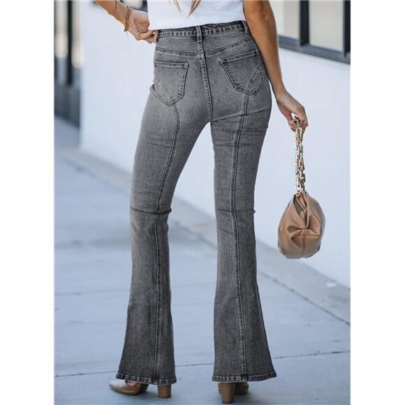 Gray High Waist Flare Jeans Split Straight Leg Dark Wash Denim Jean Pants - Picture 4 of 6